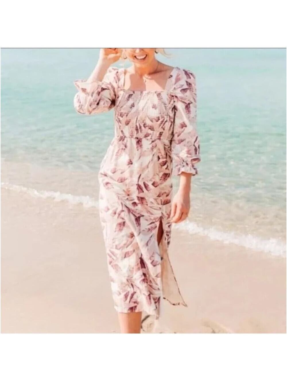 House of Harlow EUC Women's 1960 Linen Smocked Pink Palm Midi Dress Size S